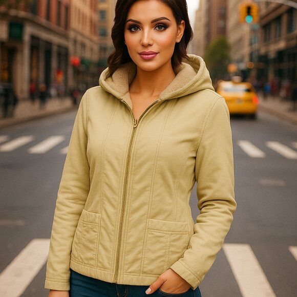 XCVI Light Green Khaki 100% Cotton Ruched Plush Fleece Lined Hooded Jacket Sz L - Picture 3 of 16